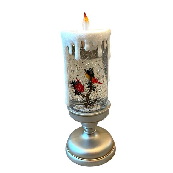 Illuminated Silver Glitter Pedestal Candle 13in Christmas Cardinal New - Picture 4 of 10